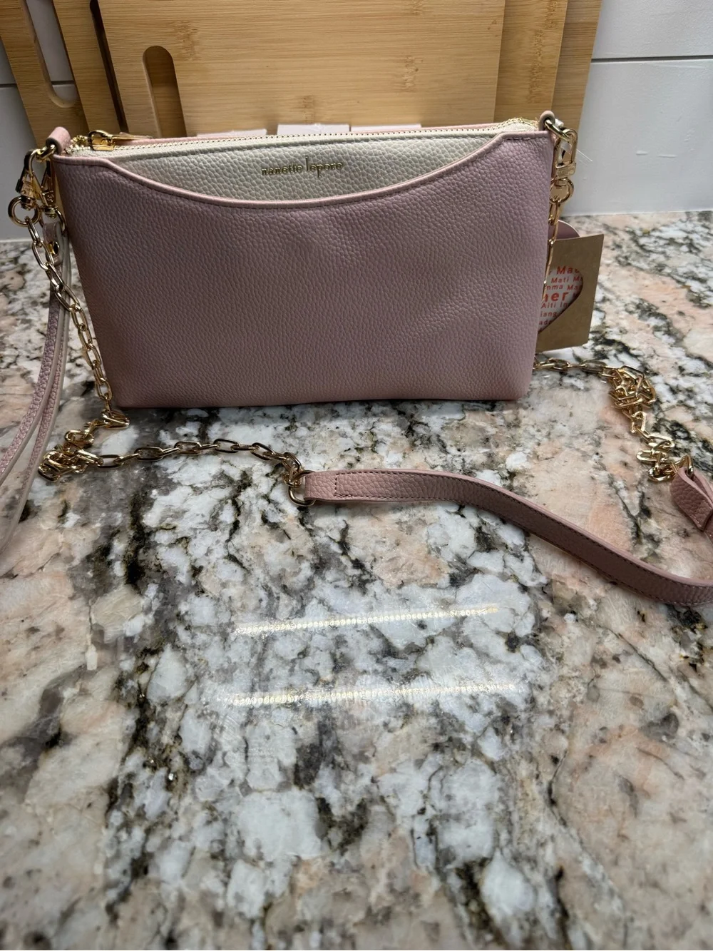 Nanette Lepore Pink and Cream Leather Wristlet with Removable Gold Cross Chain